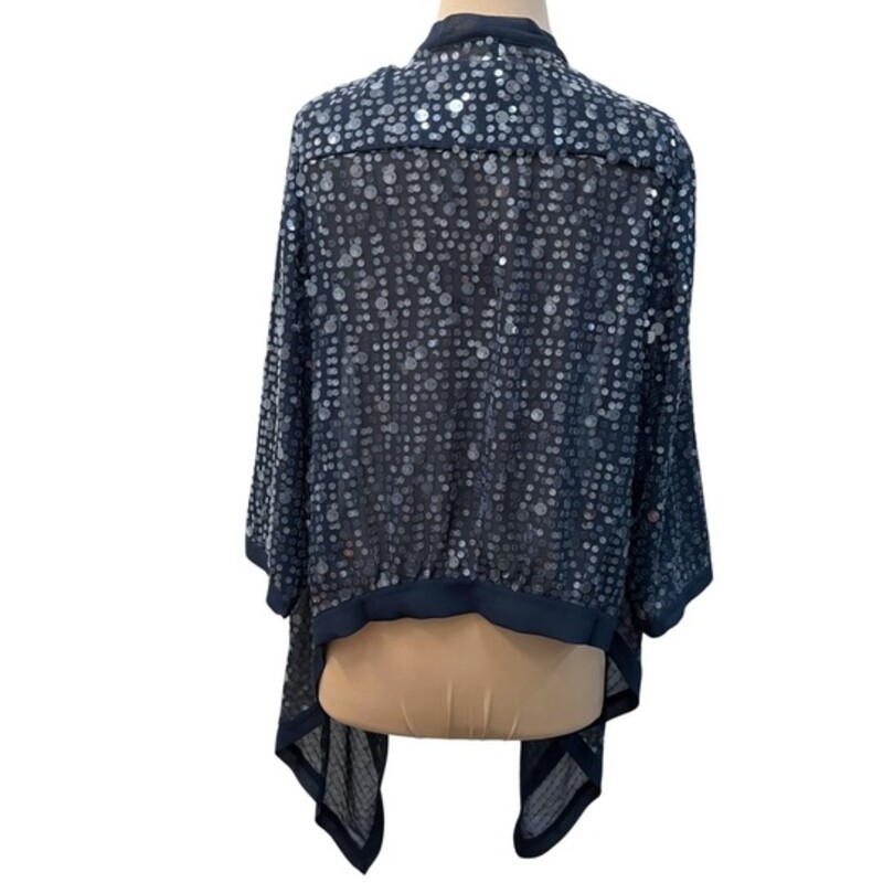 Chicos Sequined Open Cardigan
Colors:  Navy with Clear Shimmery Sequins
Size: Medium, Chicos Size: 1