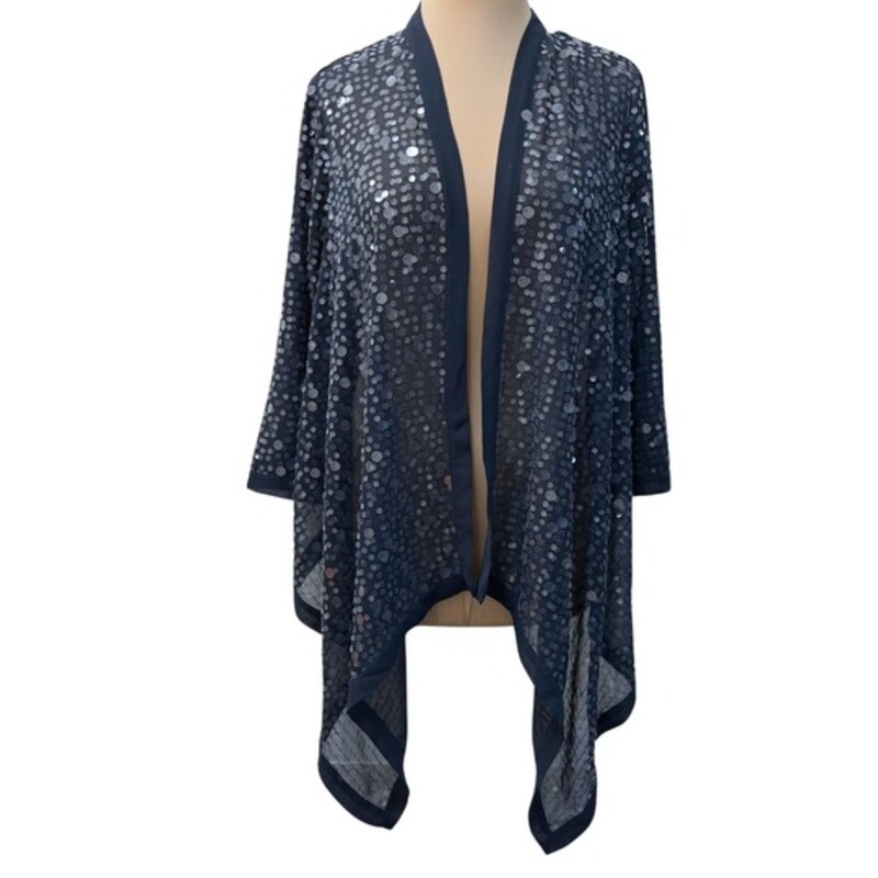 Chicos Sequined Open Cardigan
Colors:  Navy with Clear Shimmery Sequins
Size: Medium, Chicos Size: 1