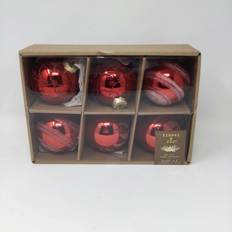 Tinsel & Fir Glass Ornaments,
Red,
Size: Set Of 6