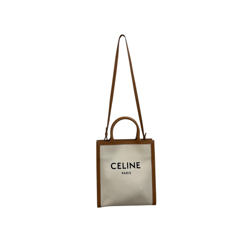 Celine Vertical Cabas Tote<br />
Canvas with Leather Trim<br />
Comes with Detachable Crossbody<br />
Strap<br />
Comes with original dust bag.<br />
Code: S-LM-5210<br />
Dimensions: 12H x11Length