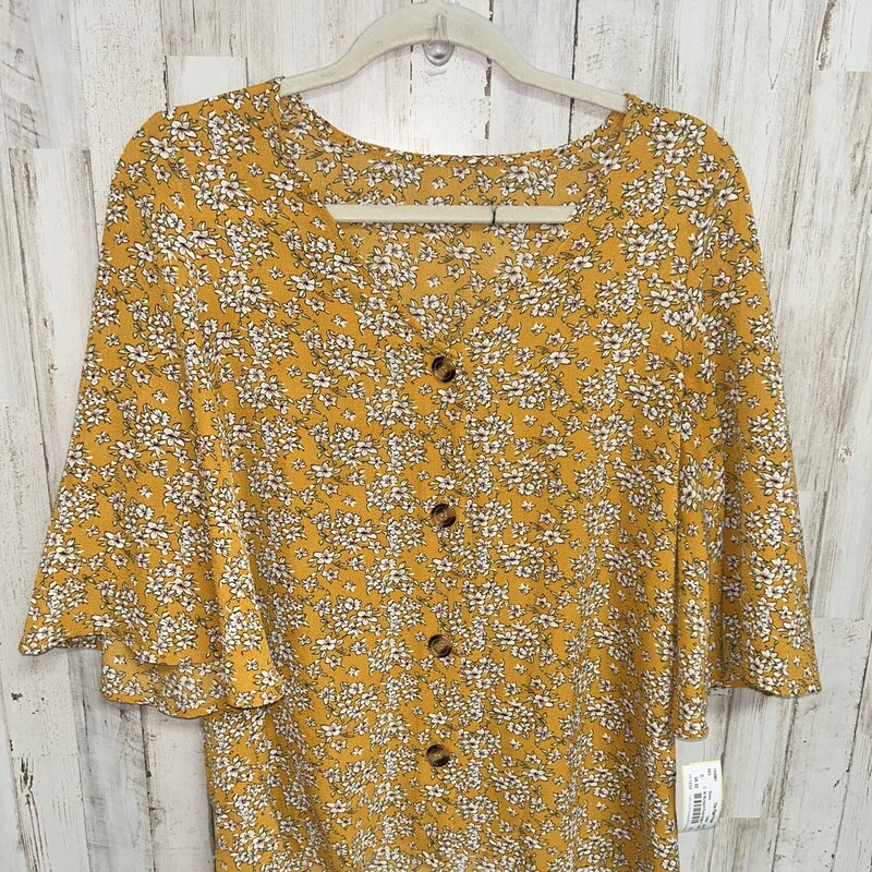 M Mustard Floral Button T, Yellow, Size: Ladies M