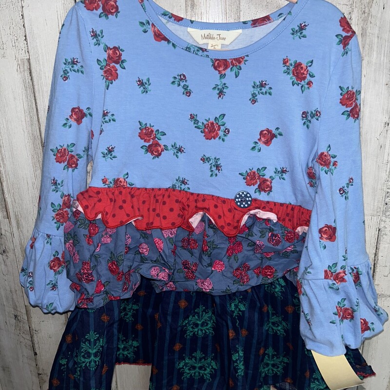 6 Blue Flloral Ruffle Top, Blue, Size: Girl 6/6x