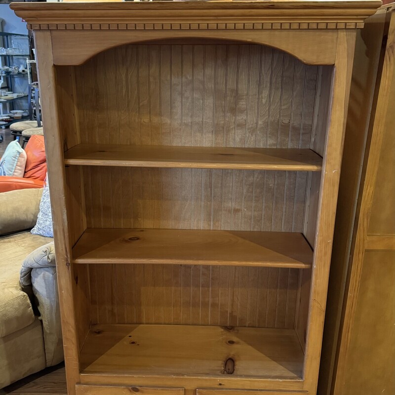 3 Shelf Pine Bookcase
2 Drawers on Bottom
37 Inches Wide, 14 Inches Deep, 59 Inches High