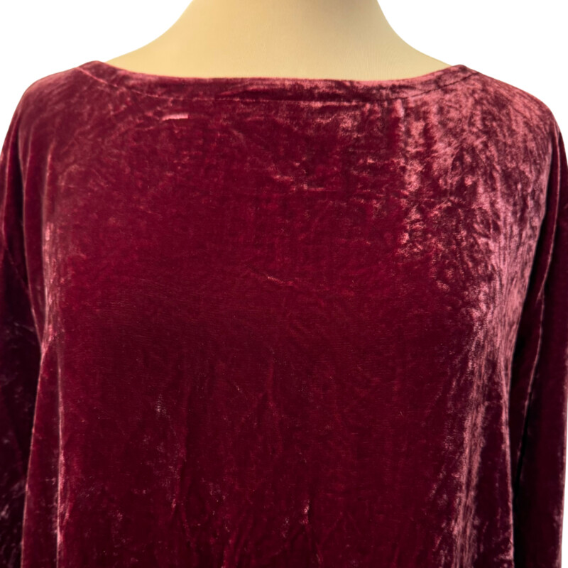 Eileen Fisher Velvet Dress<br />
An elegant crew neck dress with pockets. Soft and shimmering in  washable velvet with a touch of silk.<br />
¾ Sleeves<br />
Color:Ruby<br />
Size: Petite Large