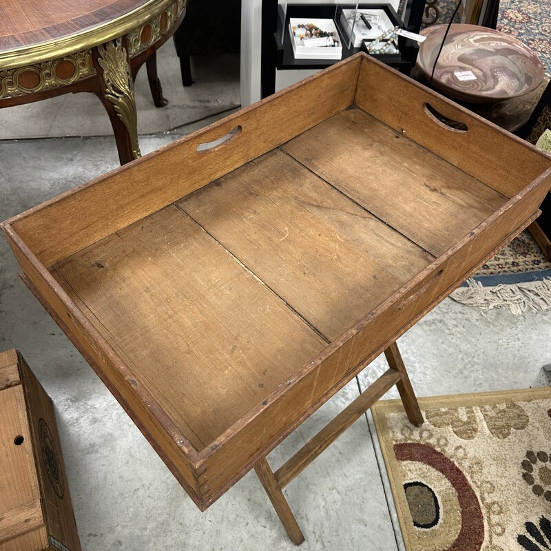 Antique Rustic Butlers Table, 2 pieces (Folding Base and Wood Tray)<br />
Size: 31x19x33