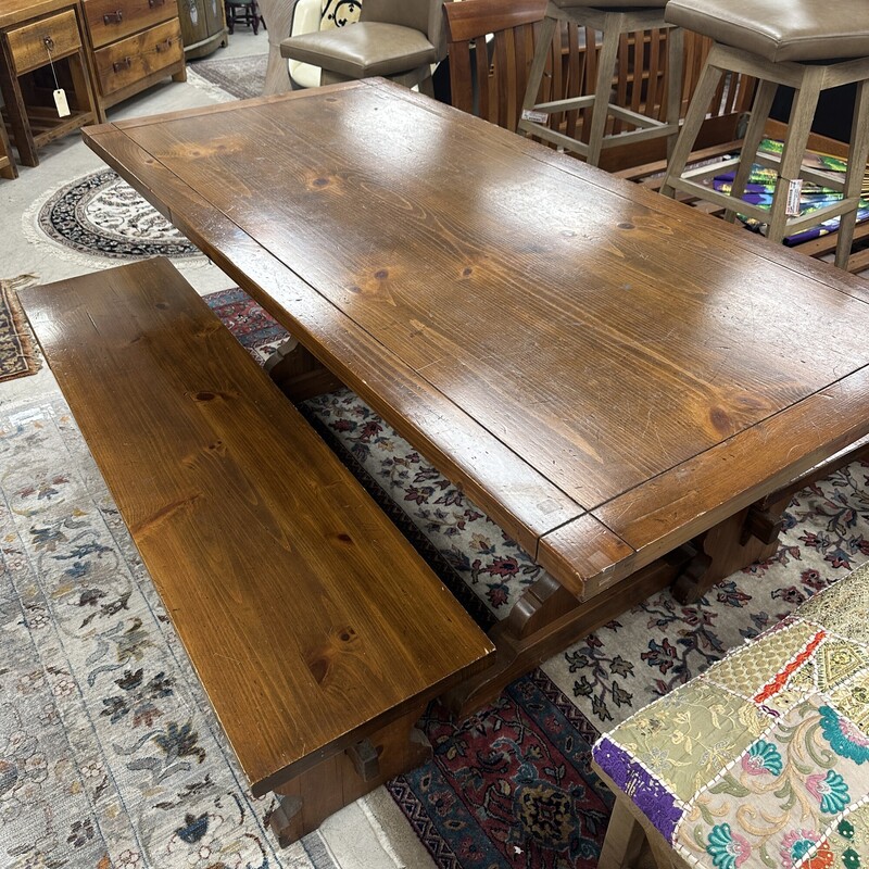 Rustic Wood Trestle Table 3pc Set, Brown Wood. Includes dining table and two long benches for either side.<br />
Table Size: 72x35