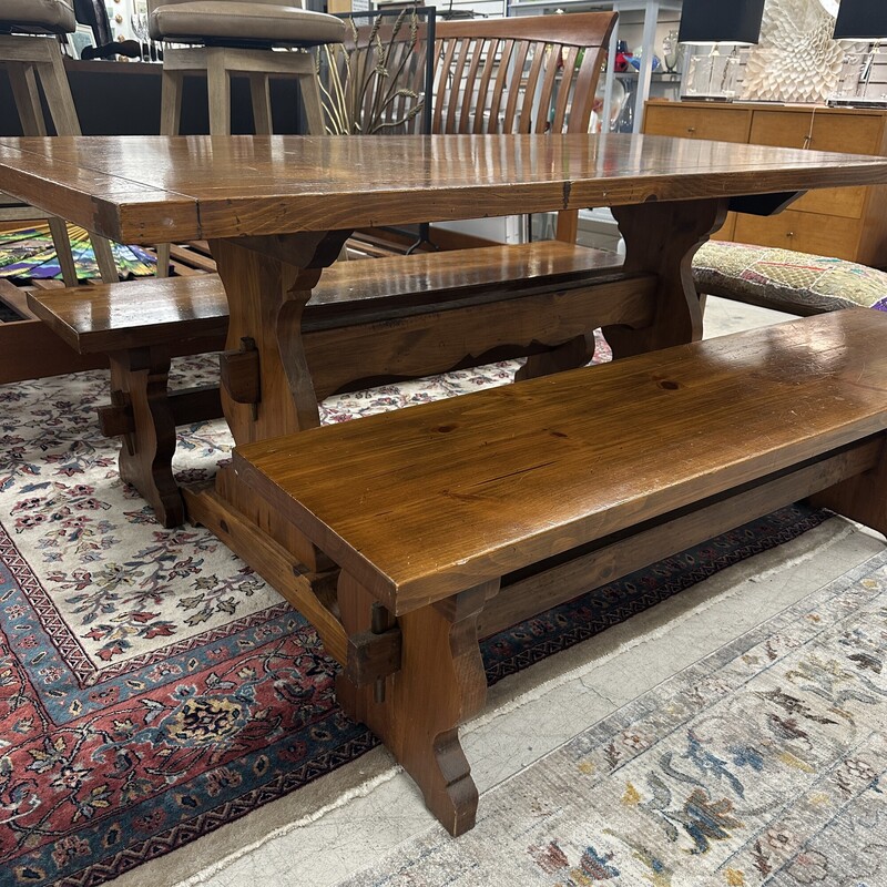 Rustic Wood Trestle Table 3pc Set, Brown Wood. Includes dining table and two long benches for either side.<br />
Table Size: 72x35