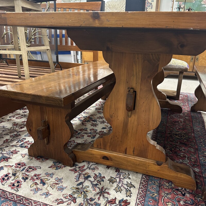 Rustic Wood Trestle Table 3pc Set, Brown Wood. Includes dining table and two long benches for either side.<br />
Table Size: 72x35