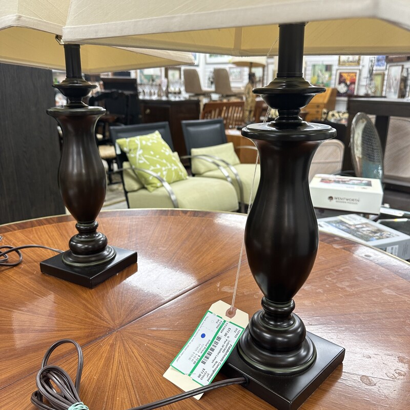 Pair Of Stiffel Lamps, Brass Base with lamp shades included.<br />
Size: 27H