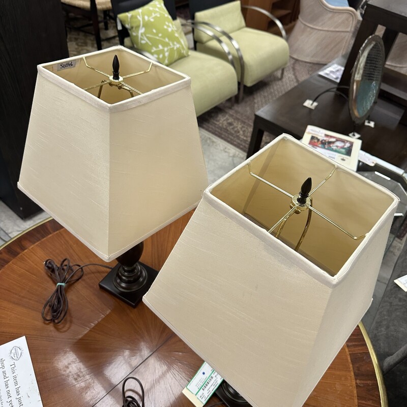 Pair Of Stiffel Lamps, Brass Base with lamp shades included.<br />
Size: 27H