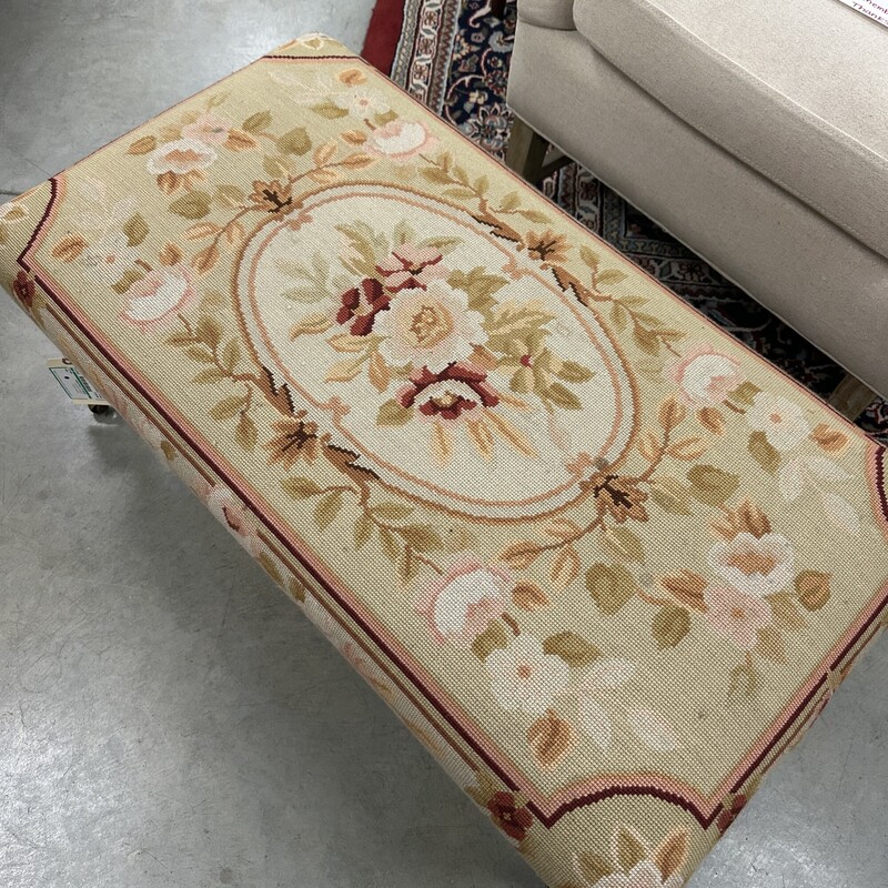 Needlepoint Floral Ottoman, Custom Made, Vintage. On castors.<br />
Size: 40x22x16