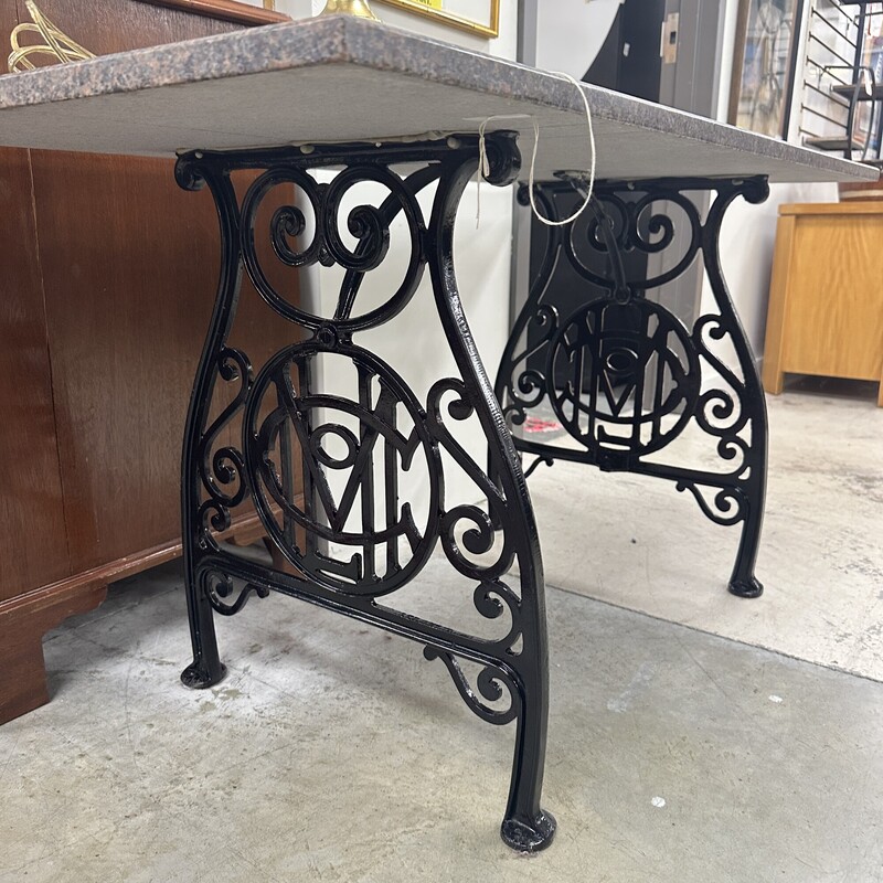 Granite Top Sewing Table, Black Iron Base. Restored and in excellent condition! HEAVY.<br />
Size: 47x24x22