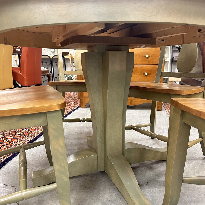 5-piece custom made Canadel Dinette Set, White Oak. Includes the round 42in table, one 25in leaf, and 4 dining chairs. Sold together as a set.