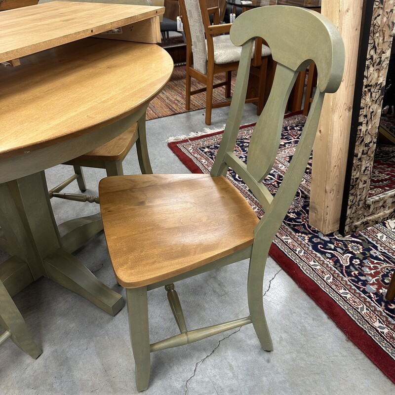 5-piece custom made Canadel Dinette Set, White Oak. Includes the round 42in table, one 25in leaf, and 4 dining chairs. Sold together as a set.