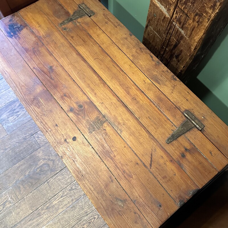 Ant. Pine Board Chest,
Size: 34x17x21
Looking for a great storage chest? This is a perfect size for all your needs!  Great for a wood box also. Top has antique hinges and the inside is in  excellent condition.