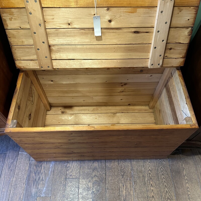 Ant. Pine Board Chest,
Size: 34x17x21
Looking for a great storage chest? This is a perfect size for all your needs!  Great for a wood box also. Top has antique hinges and the inside is in  excellent condition.