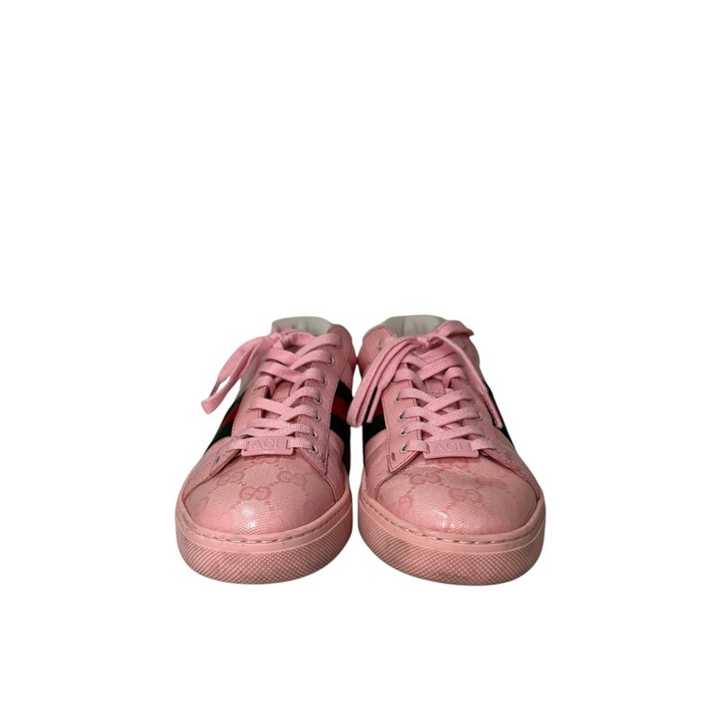 Gucci Ace Monogram Pink Sneakers
Patent Canvas with leather trim
Style Code: 760774 042
Some minor marks on soles
Does not come with original box or dust bag.