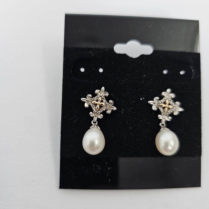 Pearl Drop Dangles, .925/14k, Size: Posts