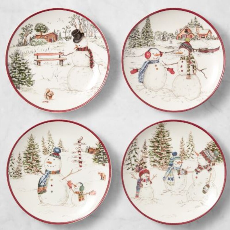 Set of 4 Williams Sonoma Snowmen Plates
White Red Green
Size: 8 Diameter