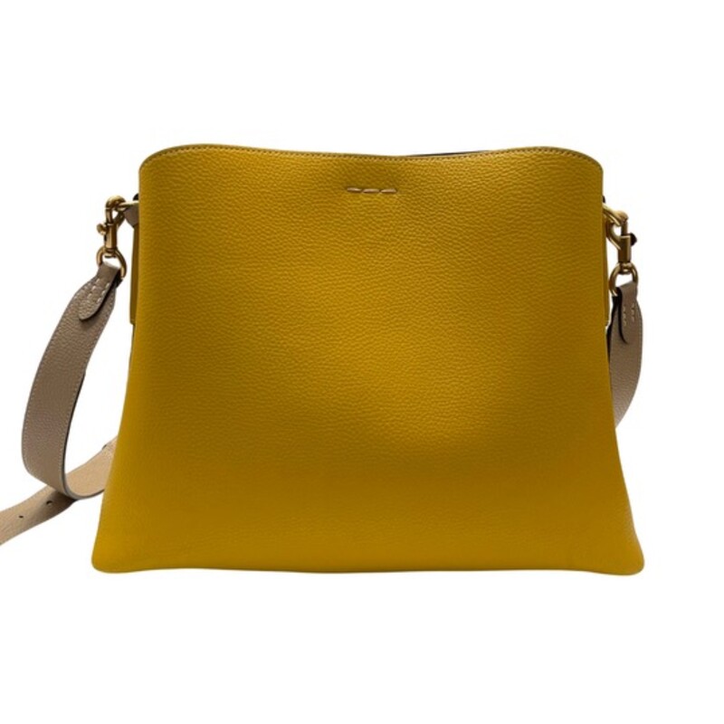 Coach Leather Willow Handbag<br />
Tan Colored Leather Strap<br />
Gold Hardware with C for Coach Closure<br />
Inside multifunction pocket, center zip compartment<br />
4 protective feet at base<br />
9 1/4 L x 8 3/4 H x 4 1/4 W<br />
Color: Mustard