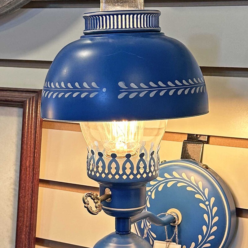 Vtg Blue Tin Wall Lamp