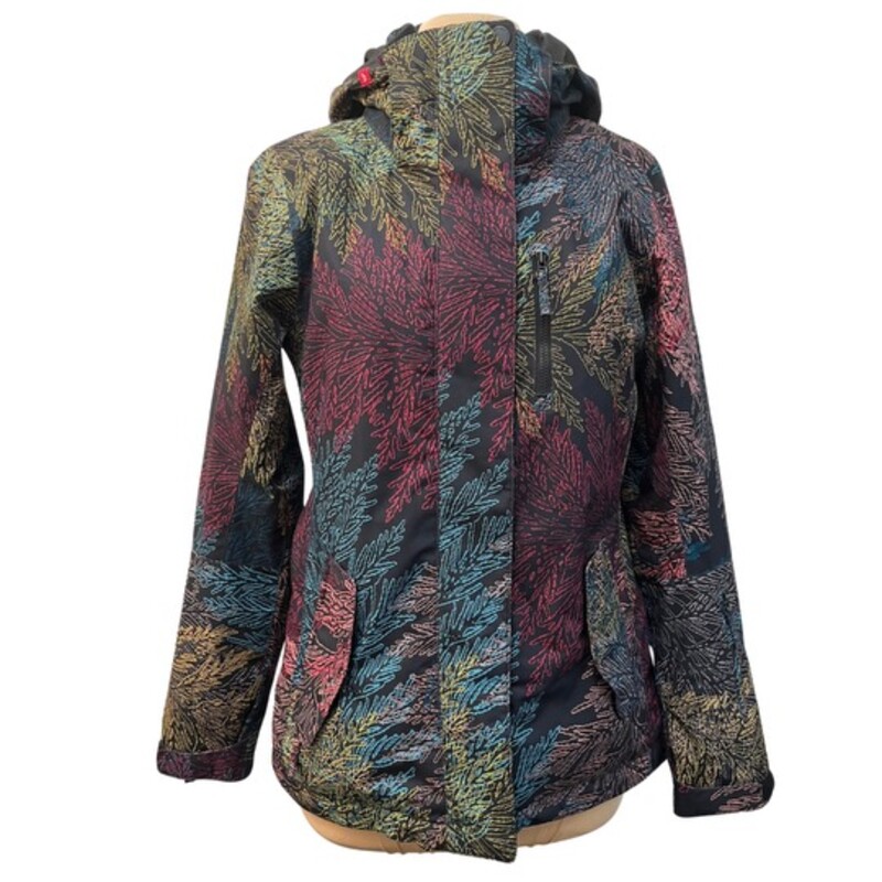 Roxy Dry Flight Snow Jacket<br />
Color: Black with Multi Colored Leaf Print<br />
Size: XS<br />
Features:<br />
- 10K ROXY DryFlight® technology for better waterproofing [10,000 mm/5000g]<br />
- Polyester plain weave fabric<br />
- ROXY WarmFlight® Eco insulation [Fill weight: 120g body, 100g sleeves, 60g hood]<br />
- Lightweight polyester taffeta lining with brushed tricot<br />
- Seam taping at critical zones<br />
- 3-way adjustable fixed hood<br />
- Fixed taffeta powder skirt<br />
- Tuck away powder skirt system with snap fastener<br />
- Jacket-to-pant attachment system<br />
- Chest pocket<br />
- Hand-warmer pockets<br />
- Sleeve pass pocket<br />
- Internal media and goggle pockets<br />
- Mesh lined underarm vents<br />
- Internal stretch wrist gaiters<br />
- Cuffs with gusset<br />
- Chin guard<br />
- Key clip