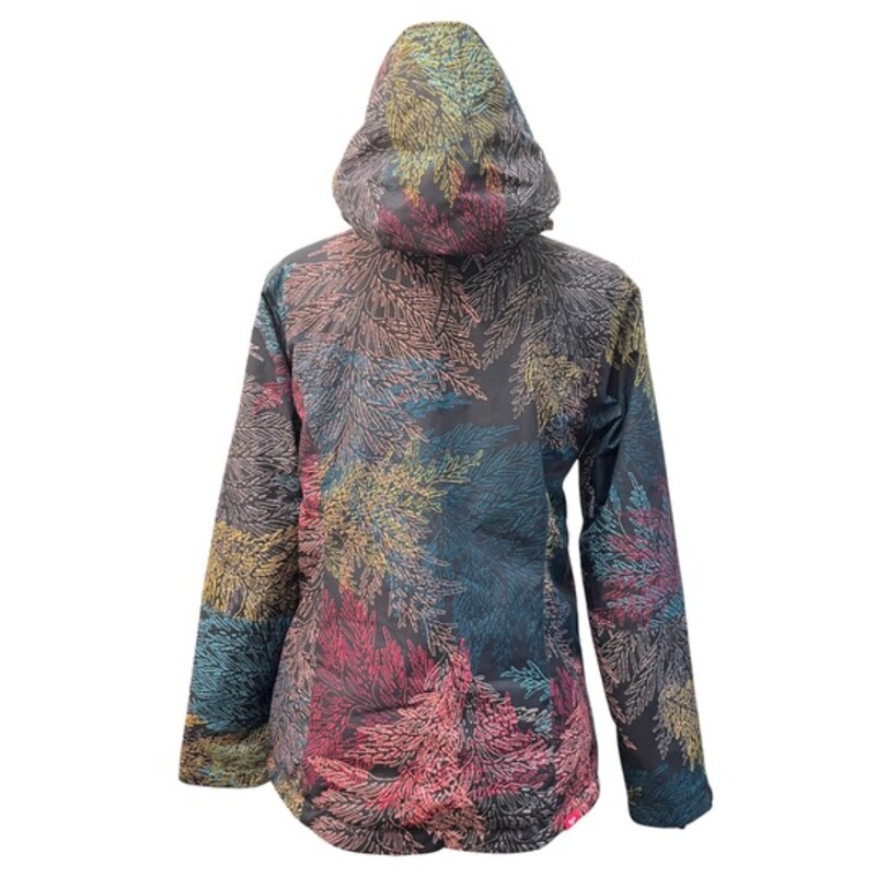 Roxy Dry Flight Snow Jacket<br />
Color: Black with Multi Colored Leaf Print<br />
Size: XS<br />
Features:<br />
- 10K ROXY DryFlight® technology for better waterproofing [10,000 mm/5000g]<br />
- Polyester plain weave fabric<br />
- ROXY WarmFlight® Eco insulation [Fill weight: 120g body, 100g sleeves, 60g hood]<br />
- Lightweight polyester taffeta lining with brushed tricot<br />
- Seam taping at critical zones<br />
- 3-way adjustable fixed hood<br />
- Fixed taffeta powder skirt<br />
- Tuck away powder skirt system with snap fastener<br />
- Jacket-to-pant attachment system<br />
- Chest pocket<br />
- Hand-warmer pockets<br />
- Sleeve pass pocket<br />
- Internal media and goggle pockets<br />
- Mesh lined underarm vents<br />
- Internal stretch wrist gaiters<br />
- Cuffs with gusset<br />
- Chin guard<br />
- Key clip