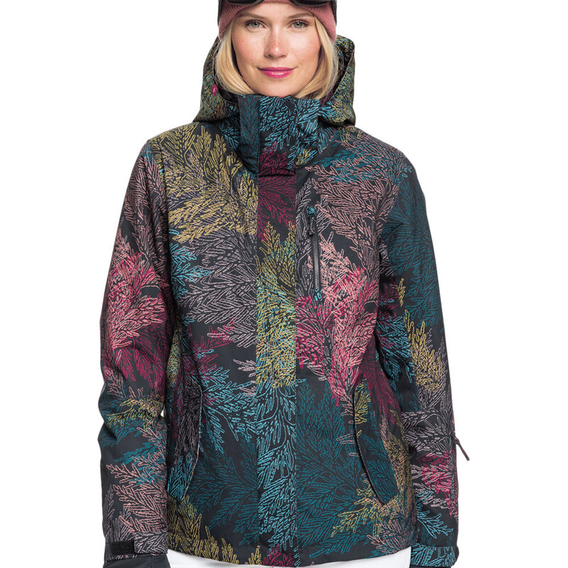 Roxy Dry Flight Snow Jacket<br />
Color: Black with Multi Colored Leaf Print<br />
Size: XS<br />
Features:<br />
- 10K ROXY DryFlight® technology for better waterproofing [10,000 mm/5000g]<br />
- Polyester plain weave fabric<br />
- ROXY WarmFlight® Eco insulation [Fill weight: 120g body, 100g sleeves, 60g hood]<br />
- Lightweight polyester taffeta lining with brushed tricot<br />
- Seam taping at critical zones<br />
- 3-way adjustable fixed hood<br />
- Fixed taffeta powder skirt<br />
- Tuck away powder skirt system with snap fastener<br />
- Jacket-to-pant attachment system<br />
- Chest pocket<br />
- Hand-warmer pockets<br />
- Sleeve pass pocket<br />
- Internal media and goggle pockets<br />
- Mesh lined underarm vents<br />
- Internal stretch wrist gaiters<br />
- Cuffs with gusset<br />
- Chin guard<br />
- Key clip