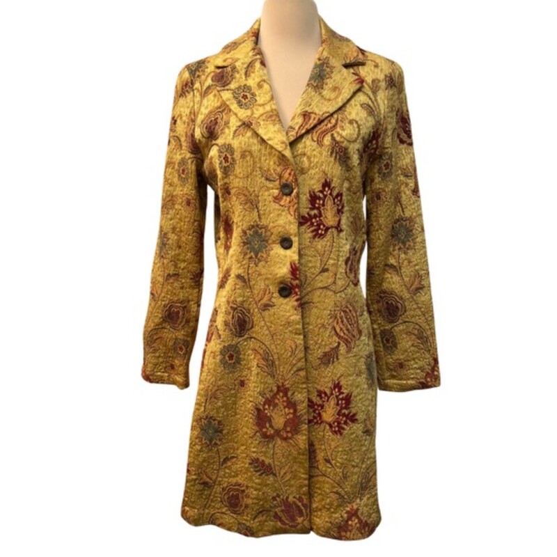 CAbi Guinevere Tapestry Car Coat<br />
This stunning piece features a gorgeous tapestry print, classic collar, and three bronze buttons up the front.<br />
Colors: Gold, Burgundy, Brown, and Green<br />
Size: Small