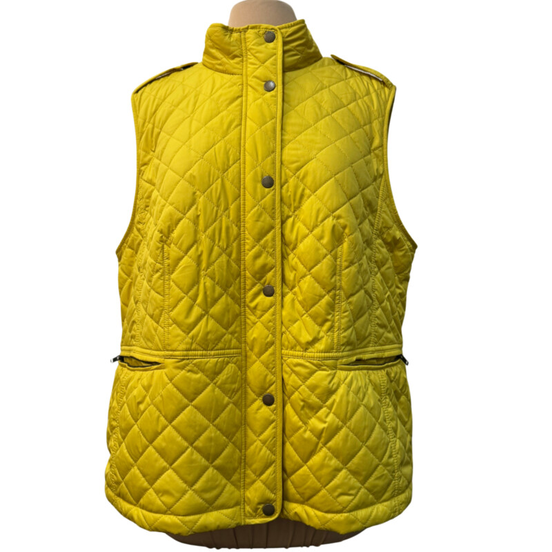 New Talbots Quilted Vest<br />
Fleece Lined<br />
Zippered Pockets<br />
Zip and Button Closure<br />
Color:  Sunshine<br />
Size: XL<br />
Retails for $119.00