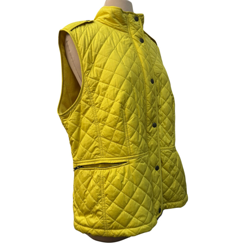 New Talbots Quilted Vest<br />
Fleece Lined<br />
Zippered Pockets<br />
Zip and Button Closure<br />
Color:  Sunshine<br />
Size: XL<br />
Retails for $119.00