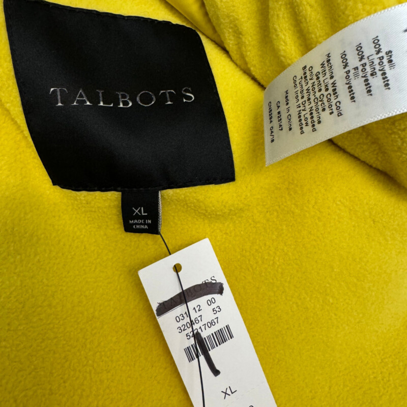 New Talbots Quilted Vest<br />
Fleece Lined<br />
Zippered Pockets<br />
Zip and Button Closure<br />
Color:  Sunshine<br />
Size: XL<br />
Retails for $119.00