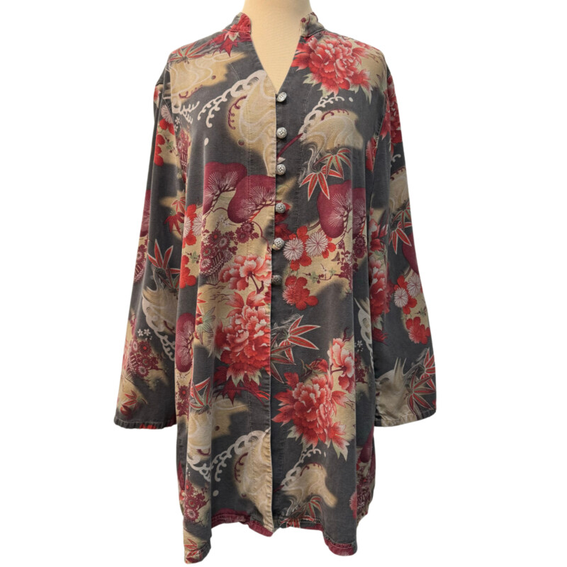 Tianello Floral Tunic with Asian Print<br />
Adorable Button Details<br />
Tencel & Rayon<br />
Colors:  Stone, Tan, Olive, Burgandy and Red<br />
Size: Large