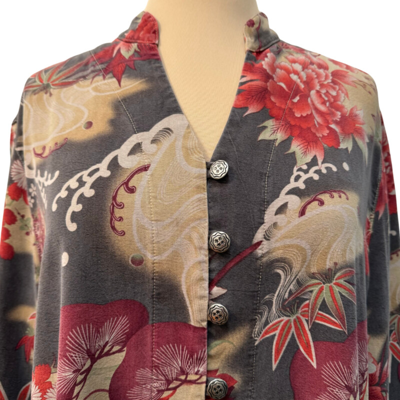 Tianello Floral Tunic with Asian Print<br />
Adorable Button Details<br />
Tencel & Rayon<br />
Colors:  Stone, Tan, Olive, Burgandy and Red<br />
Size: Large