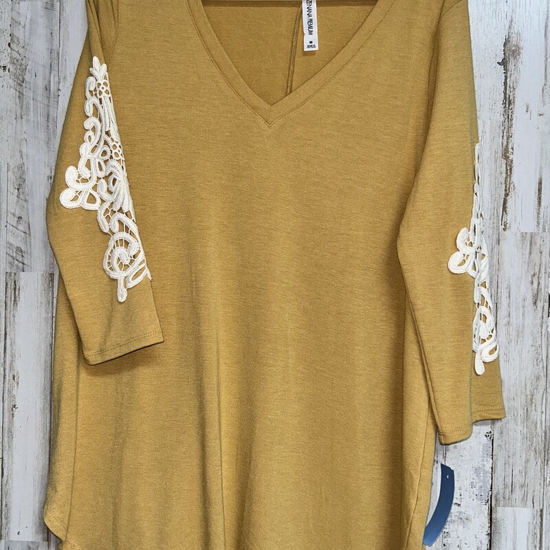 M Mustard Lace Sleeve Top, Yellow, Size: Ladies M