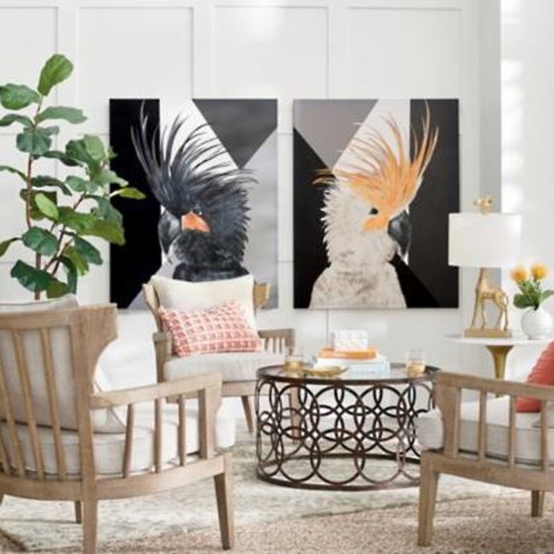 Grandin Road Cockatoo Ginger Canvas<br />
Black White Gray Yellow Size: 30 x 37H<br />
Fred Cockatoo Canvas sold separately<br />
Retails: $299 for set of 2