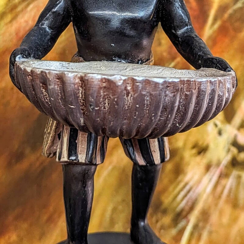 Blackamoore Candy Dish
Brown Burgundy with 3 Clear Removable Holders
Size: 8x13H
Reproduction Made in The Philippines, Statue Holding Clam Shell to store  candy or trinkets.