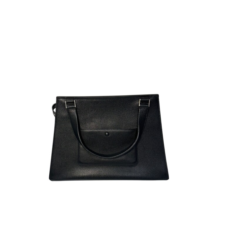 Celine Edge Handbag<br />
<br />
The Black Celine Edge Bag has a single top handle, exterior slip pocket with single button closure, gold tone hardware, protective feet hardware on bag bottom. Exposed exterior zip with tassel pull tab that opens to main compartment, interior dual slip pockets, and single zip pocket.<br />
<br />
Code: PAT 0133 FA0143<br />
Does not come with original dust bag or box.