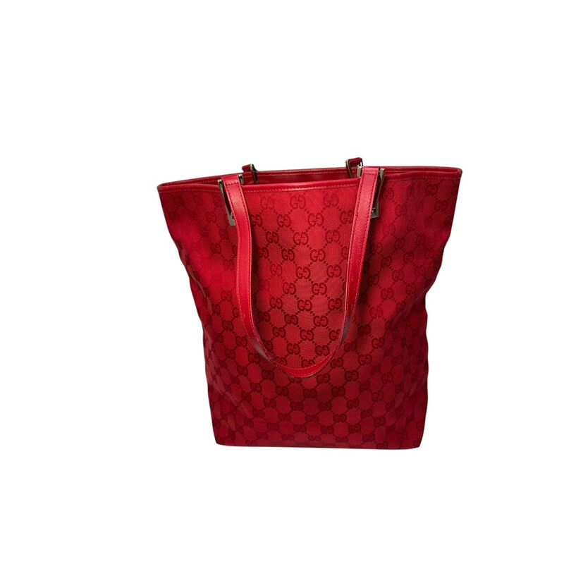 Gucci GG Canvas Tote Red<br />
Style Code: 002-1098 1705<br />
Dimensions: 10x12.5<br />
Does not come with dust bag or box<br />
Some minor scuffs.