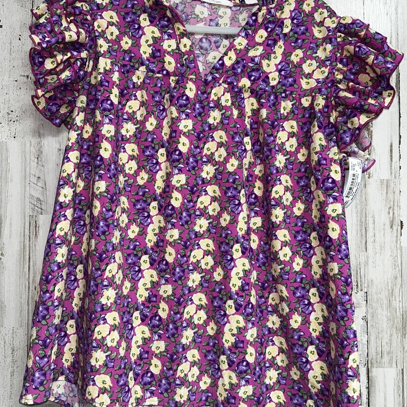 L Pink Floral Ruffled Top