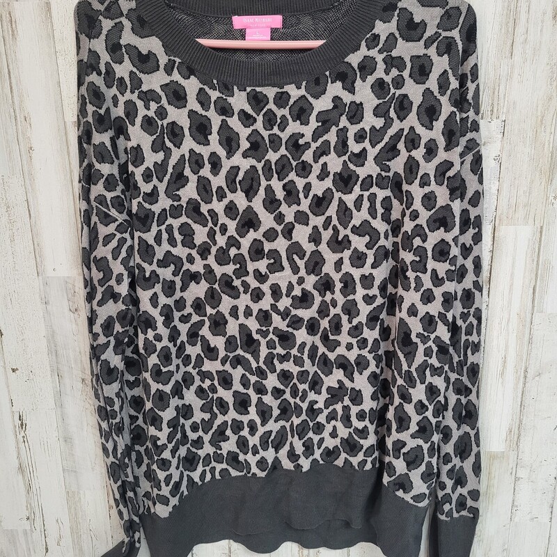 L Grey Knit Leopard Top