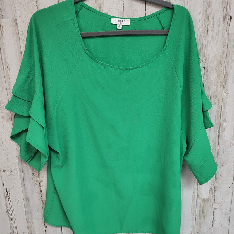 L Green Ruffle Sleeve Top