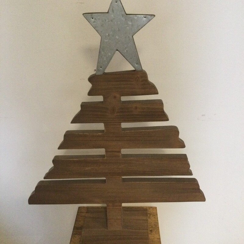 Wooden Xmas Tree W/star, Wood/tin, Size: 19in