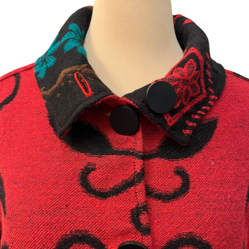 New Winding River Jacket<br />
Woven Floral Detail<br />
Button Closure<br />
With Pockets<br />
Colors:  Black, Red, and Turquoise<br />
Size: Small