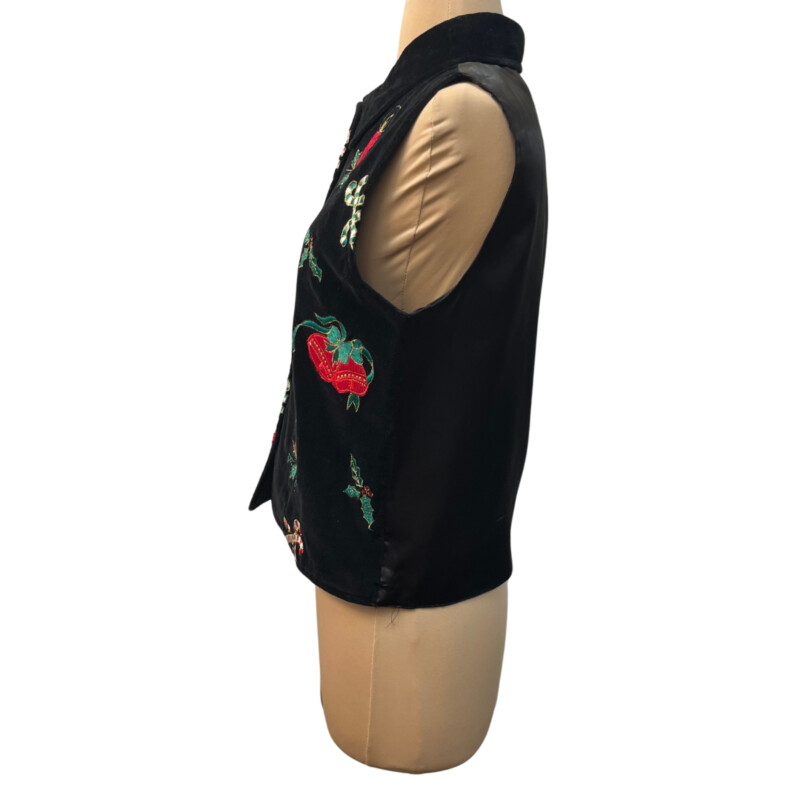 Dressbarn Velveteen Button Vest<br />
Embroidered with Candy Canes, Mistletoe and Candles<br />
Color:  Black, Red, White, Yellow and Green<br />
Size: Small