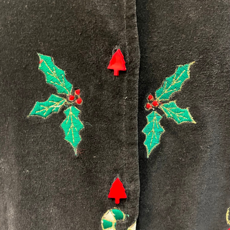 Dressbarn Velveteen Button Vest<br />
Embroidered with Candy Canes, Mistletoe and Candles<br />
Color:  Black, Red, White, Yellow and Green<br />
Size: Small