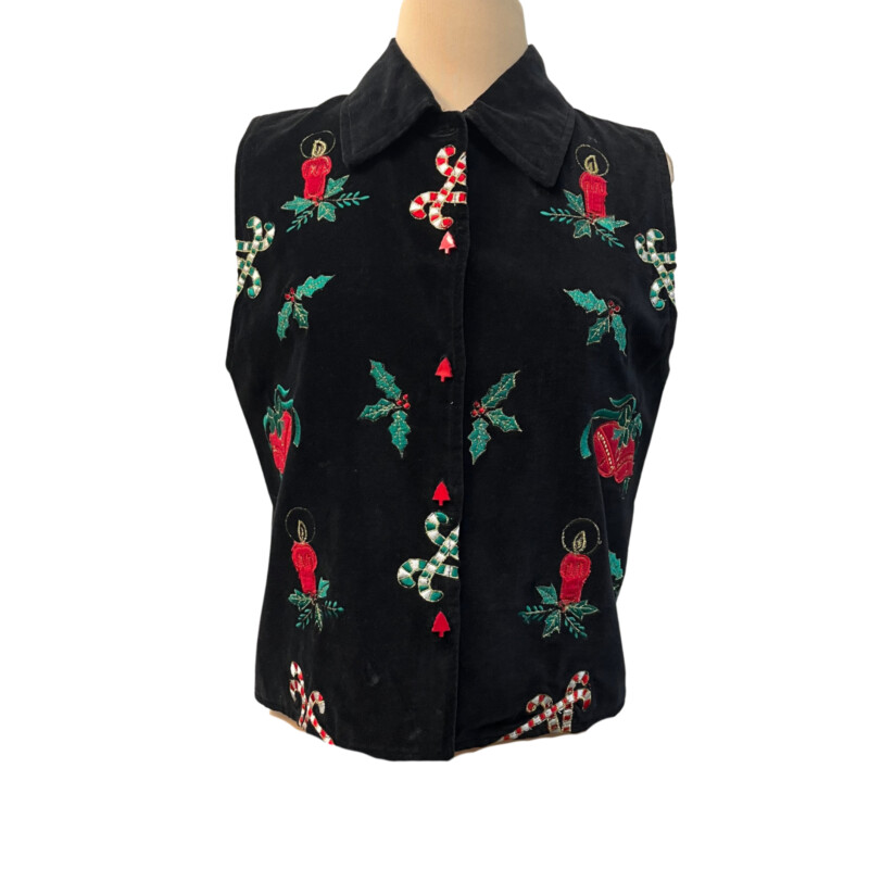 Dressbarn Velveteen Button Vest<br />
Embroidered with Candy Canes, Mistletoe and Candles<br />
Color:  Black, Red, White, Yellow and Green<br />
Size: Small