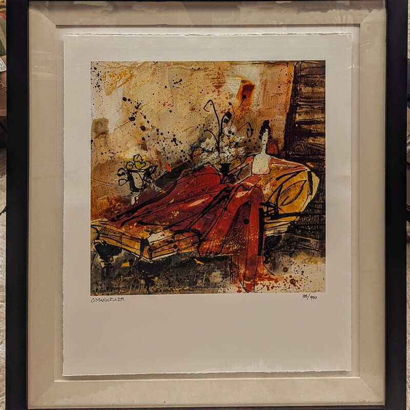 OMaxweller GoldenChaisse
Red Orange Brown White in Black Frame
Size: 31x35H
A framed, limited edition lithograph by Olivia Maxweller (American), Golden Chaise II, depicting a reclining woman in red, ink signed lower margin, numbered 188/950 lower right
Beautiful Professional Framing