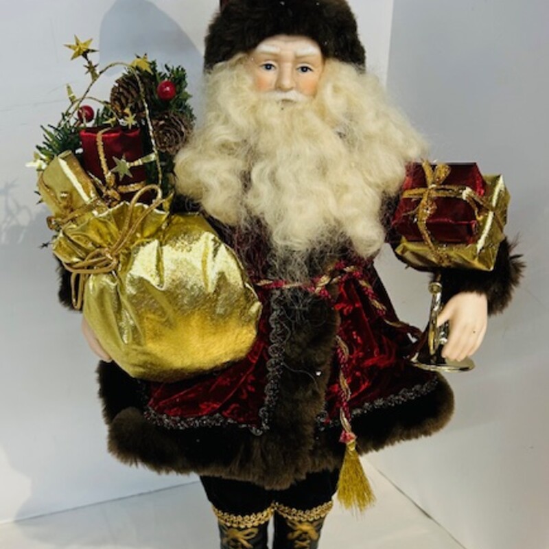 Santa Holding Bag, Presents and Horn
Red Brown Gold
Size: 11 x 6 x 21H