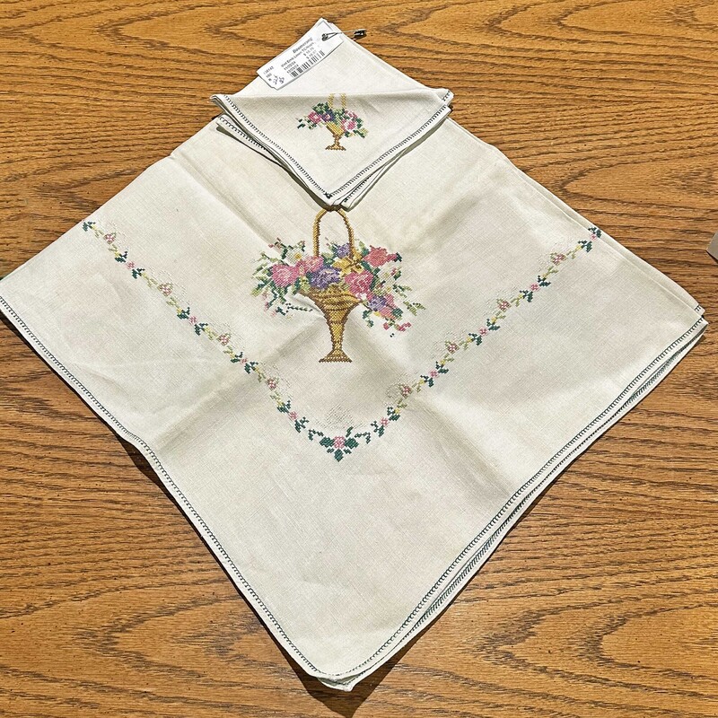 Vintage Embroidered Linen Tablecloth and Two Matching Napkins
32 In x 35 In